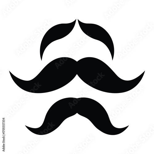 Three black silhouette mustaches and hairstyles stacked vertically on a white background moustache