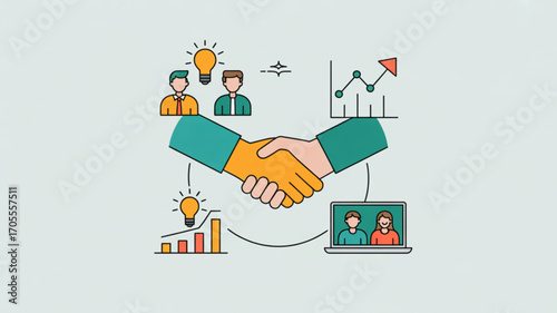 Business partnership concept showing handshake, team members, laptop, and business growth vector illustration
