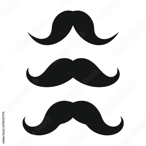 Three black stylized handlebar mustaches arranged vertically on a white background facial hair