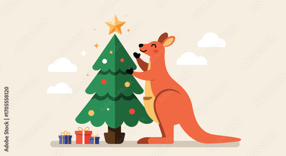 Naklejka premium Cheerful Kangaroo Decorating Christmas Tree with Golden Star Ornament