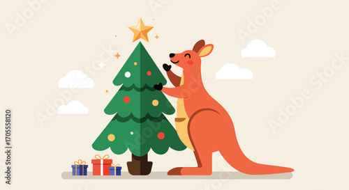 Cheerful Kangaroo Decorating Christmas Tree with Golden Star Ornament