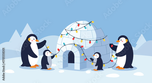 Adorable Penguins Decorating Igloo with Colorful Christmas Lights in Winter.