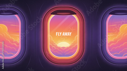 Airplane window view of a sunset sky with clouds and the words fly away, creating a sense of travel and adventure
