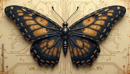 Intricate mechanical butterfly with steampunk circuitry, a fusion of nature and technology.
