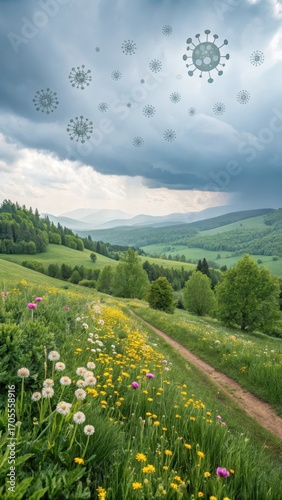 Scenic Spring Landscape with Virus Icons in Sky