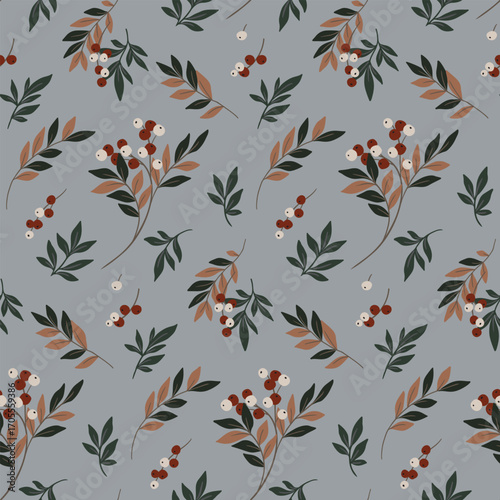 Seamless floral pattern with wild plants in autumn colors. Elegant botanical design in vintage style. Hand drawn rowan branches, small berries, large leaves on a gray field. Vector illustration.