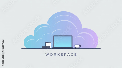 Workspace with laptop, notebook, and cup of coffee cloud computing concept with modern design elements