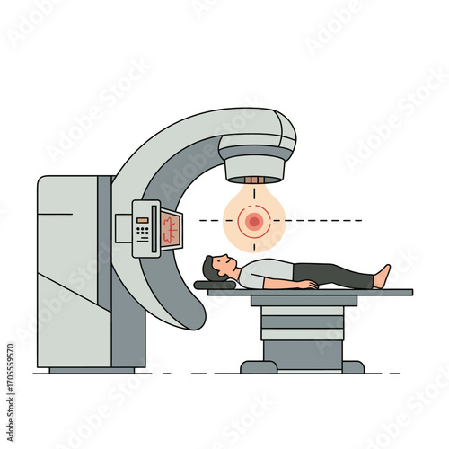 cancer radiation therapy man lying on treatment table undergoing radiation therapy targeting tumor illustrating medical oncology and cancer care.