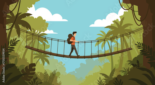 Adventurous Hiker Crossing Rope Bridge in Lush Green Jungle Environment
