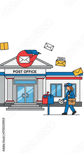 Post office building with mail carrier delivering mail.