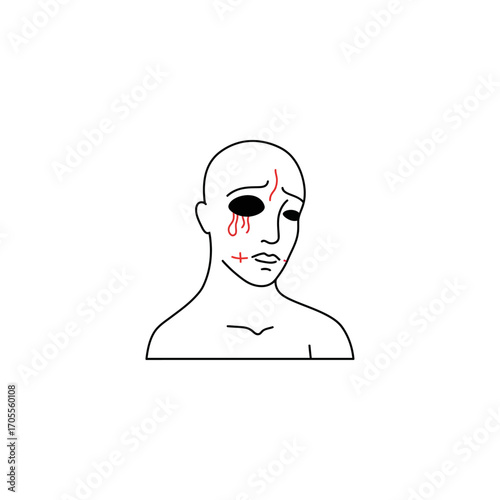Depressed man with black eye crying blood conveying emotional pain isolation and mental health awareness for editorials and support materials.