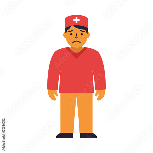 Depressed doctor with a red uniform and hat featuring a plus sign embodying healthcare challenges perfect for articles about medical stress.