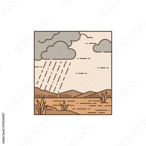 Desert rain illustration minimalist arid landscape under a stormy sky within a square frame ideal for climate change awareness  nature blogs.