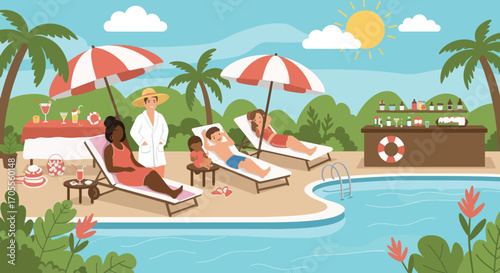 Relaxing People Enjoying Summer Vacation by the Poolside with Drinks