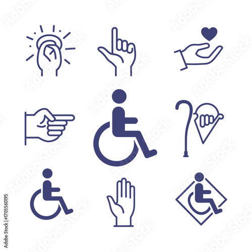 Disability access symbols accessibility awareness campaign icons for promoting inclusivity equality and support designed for web print and educational materials.
