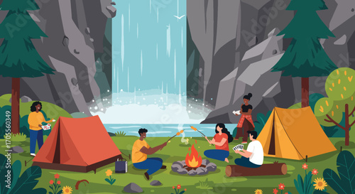 Group of People Camping Near Waterfall, Enjoying Campfire and Tents