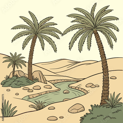 Illustration of a desert landscape with palm trees, sand dunes, and a flowing river, creating a serene and picturesque scene of natures beauty in the arid region
