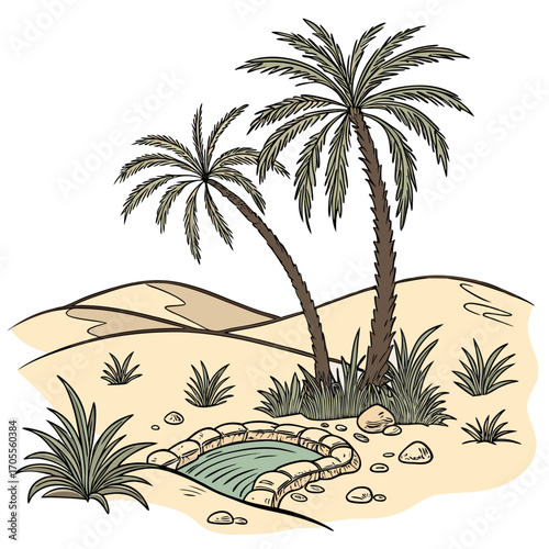 Illustration of a desert oasis, a fertile spot in a desert where water is found, typically with palm trees, vegetation, and a source of water like a spring or well