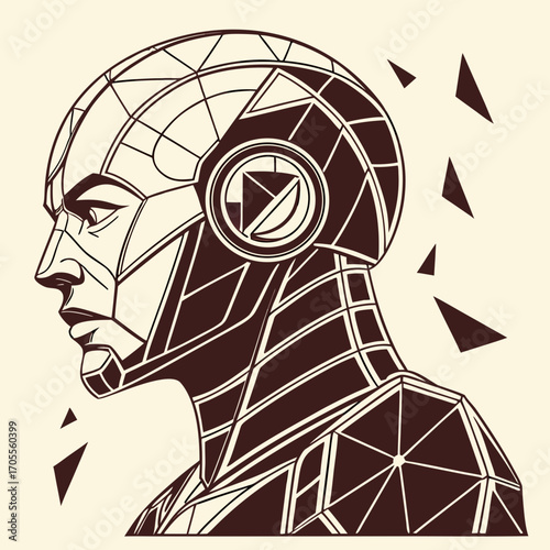 Illustration of a futuristic robot head, showcasing a geometric design with sharp lines and a modern aesthetic, ideal for themes of artificial intelligence, technology, and science fiction