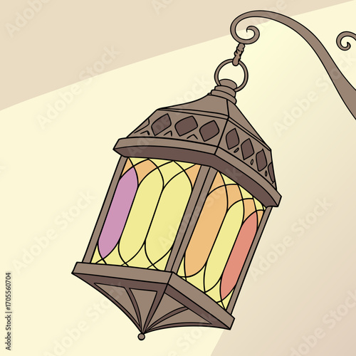Illustration of a vintage street lamp hanging from a wrought iron pole, creating a warm and inviting atmosphere with its soft glow