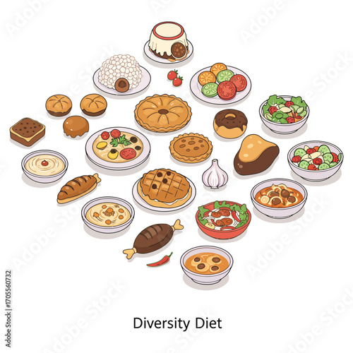 diversity diet assorted dishes showcasing multicultural food traditions arranged for blog posts about nutrition health global cuisine and culinary diversity.