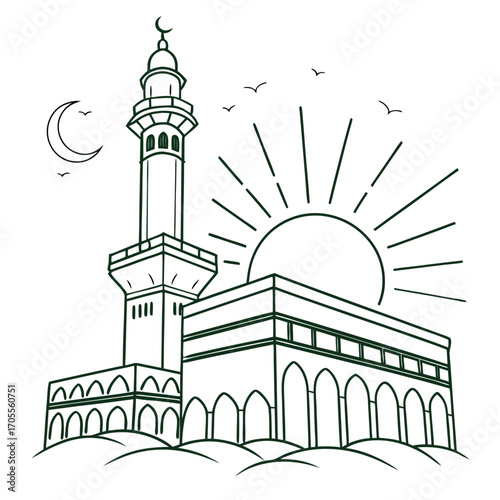 Illustration of the holy kaaba in mecca, saudi arabia, with a crescent moon, birds, and sun rays, a symbol of islamic pilgrimage and faith