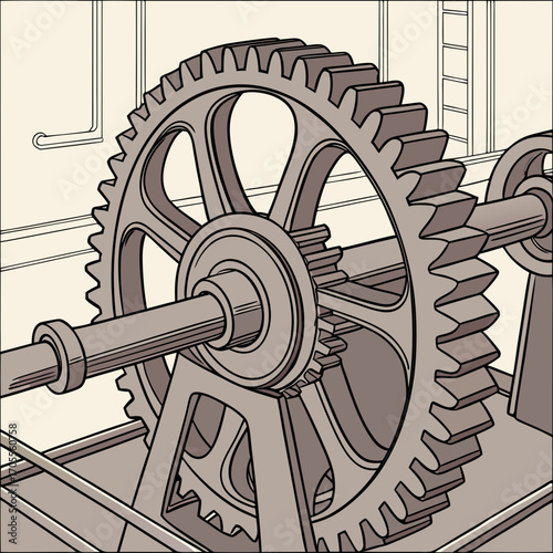 Illustration of a vintage industrial machine with gears, showcasing the beauty of mechanical engineering and the power of industrial processes