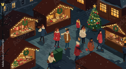 Festive Christmas Market Scene with People and Illuminated Stalls