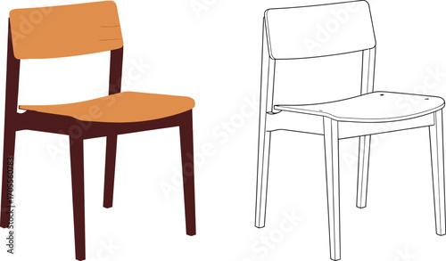 Modern wooden chair with clean lines, presented in both color and outline for design versatility.