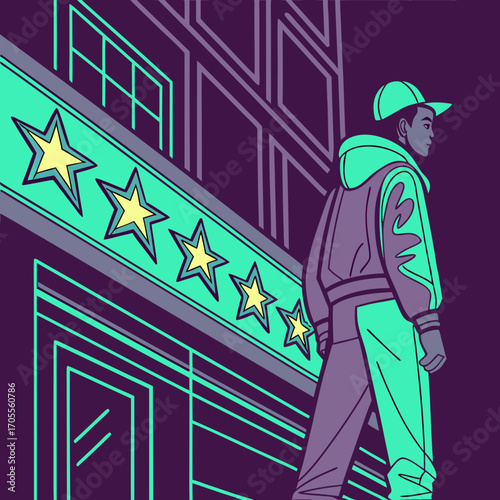 Illustration of a young man walking past a building with stars, capturing the essence of urban life and ambition in a vibrant cityscape