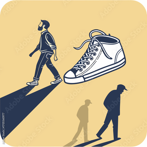 Vector art of a captivating illustration showcasing a man confidently walking alongside a stylish sneaker, with subtle shadows adding depth and intrigue to the composition