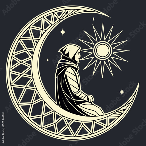 Vector art of a captivating illustration showcases a contemplative figure seated within a crescent moon, bathed in the radiant glow of a nearby sun, evoking a sense of serenity and introspection