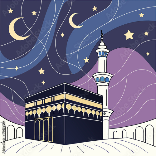 Vector art of a colorful illustration of the masjid alharam in mecca, showcasing the kaaba under a starlit night sky with a crescent moon, highlighting islamic art and religious symbolism