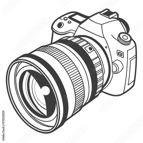 Vector art of, a detailed line art illustration of a dslr camera with lens, showcasing its intricate design and functionality for capturing stunning photographs