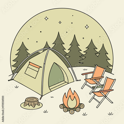 Vector art of a cozy camping scene under the stars, featuring a tent, campfire, chairs, and a tree stump, creating a peaceful and inviting atmosphere for outdoor adventures