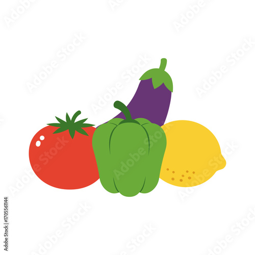 Fresh vegetables tomato pepper eggplant and lemon a vibrant arrangement ideal for culinary blogs recipe illustrations and healthy eating promotion.