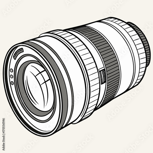Vector art of, a detailed line art illustration of a camera lens, showcasing its intricate design and functionality for capturing stunning photographs