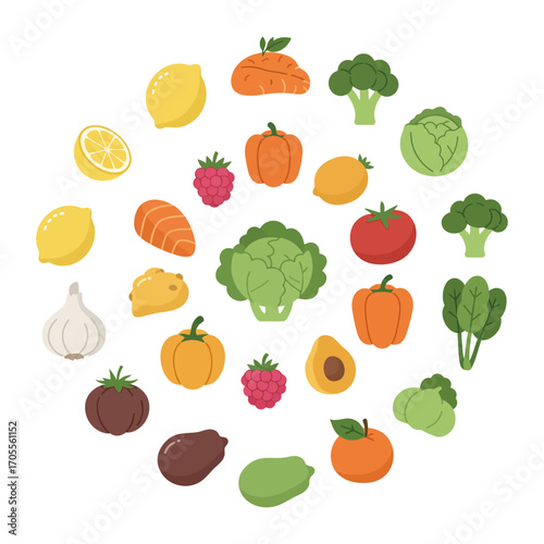 Fresh fruits and vegetables circle colorful vector illustration of healthy food items promoting nutritious eating and balanced diet for wellness.
