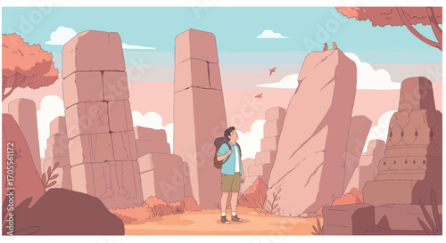 Young Man Exploring Ancient Ruins, Looking Upward with Curiosity.