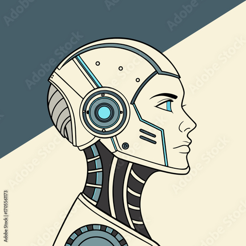 Vector art of a futuristic illustration of a female android with a sleek, white helmet and blue accents, set against a contrasting light and dark background