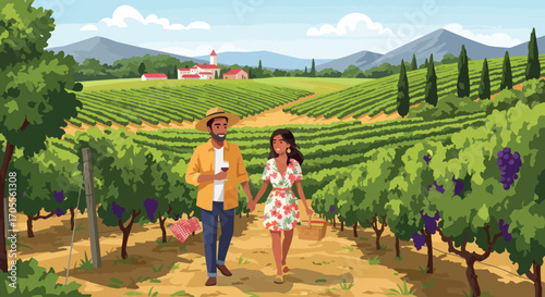 Couple Walking Through Vineyard Holding Hands, Enjoying Wine and Picnic