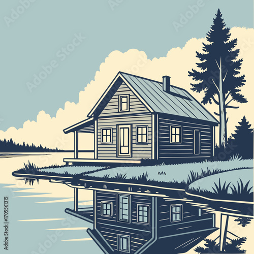 Vector art of a picturesque cabin nestled on the tranquil lake shore, its reflection shimmering in the water, surrounded by towering pine trees and a serene sky, evoking a sense of peace