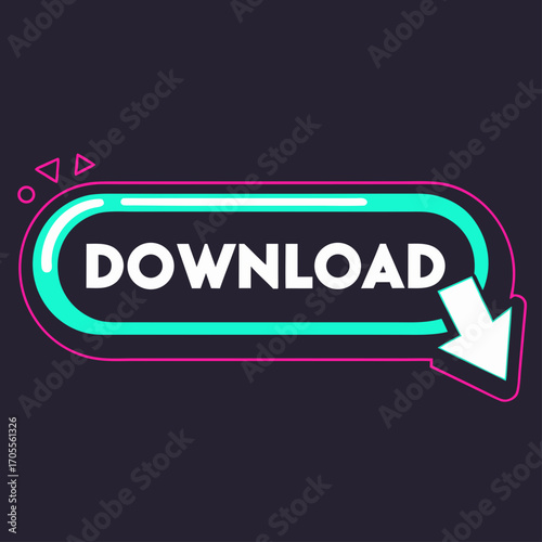Vector art of a neonstyle download button with a glowing outline and arrow, set against a dark background, creating a modern and eyecatching design for web or app use