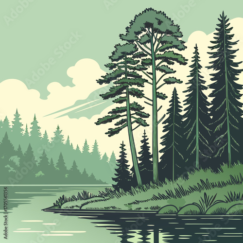 Vector art of a picturesque lake surrounded by a lush forest of tall pine trees, with a serene sky and tranquil water, creating a peaceful and idyllic nature scene