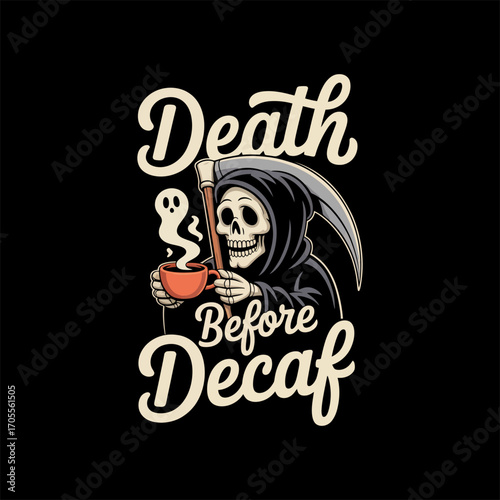 Charming cartoon skeleton reaper enjoying a caffeinated beverage, a humorous vector illustration