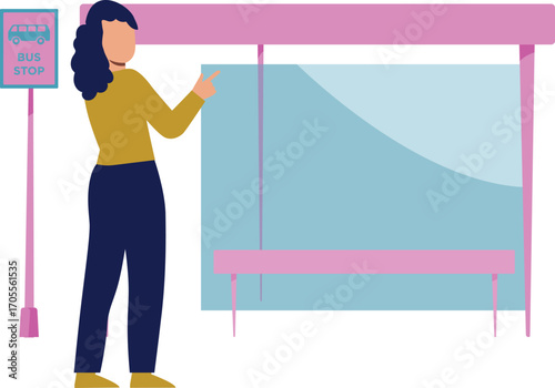 Girl pointing at bus stop