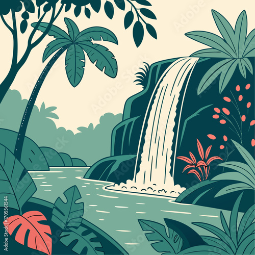 Vector art of a serene waterfall cascades down mosscovered rocks, surrounded by lush tropical foliage, creating a tranquil scene of natures beauty and peacefulness in the jungle
