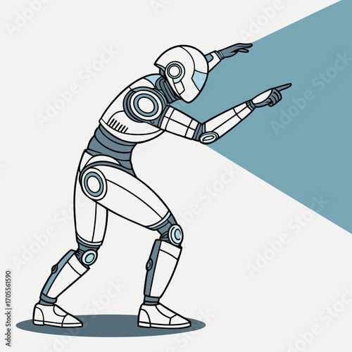 Vector art of a sleek robot stands poised, pointing towards a bright light, its futuristic design and determined stance creating a sense of technological advancement