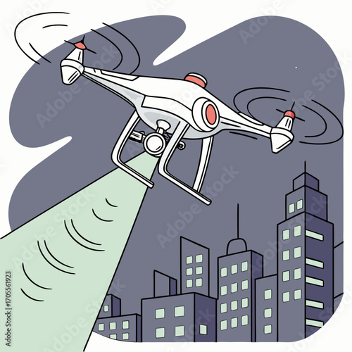 Vector art of a white drone flies over a city at night, shining a light on the buildings below, creating a sense of surveillance and technology, with a cartoonish and modern style