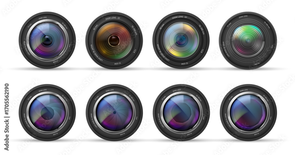 custom made wallpaper toronto digitalCamera lens set. Vector isolated realistic professional photographic equipment element with glass optics and adjustment rings for zoom and focus. Product presentations and advertising layouts
